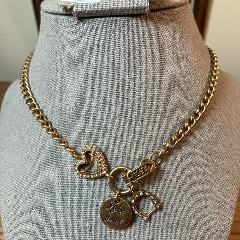 Y2K Juicy Couture Necklace Pave Heart Gold Tone Lady Luck Love Couture Horseshoe